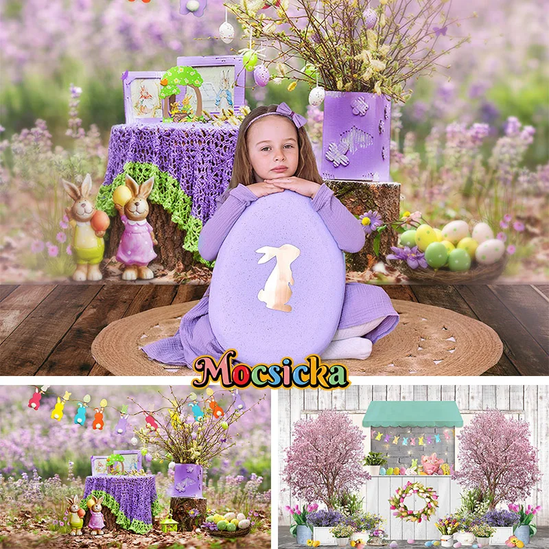 Easter Girls Portrait Photography Background Spring Garden Wooden Door Green Grass Colorful Eggs Bunny Backdrop  Photo Studio