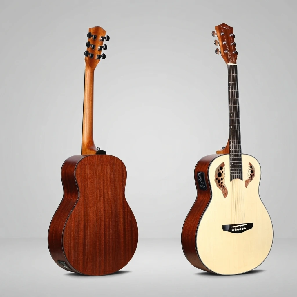 High Quality 6 String Acoustic Electric Guitar Cutaway Multiple Leaf Soundholes Built-in Pickup Chrome Tuners White Binding