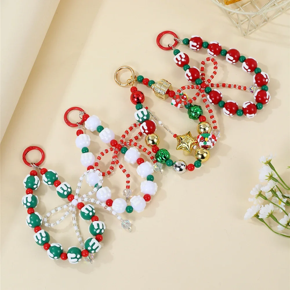 

Christmas Mobile Phone with Beads Hand-painted Rope Chain Fashionable Hanging Rope Double Chain Colorful Charm Rope Bag Chain
