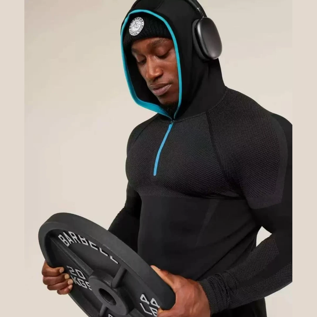 SHARK nieuwe fitness herenbasisshirt met lange mouwen en capuchon GYM ONYX5.0 agaat hoge elasticiteit T-shirt fitnesspak