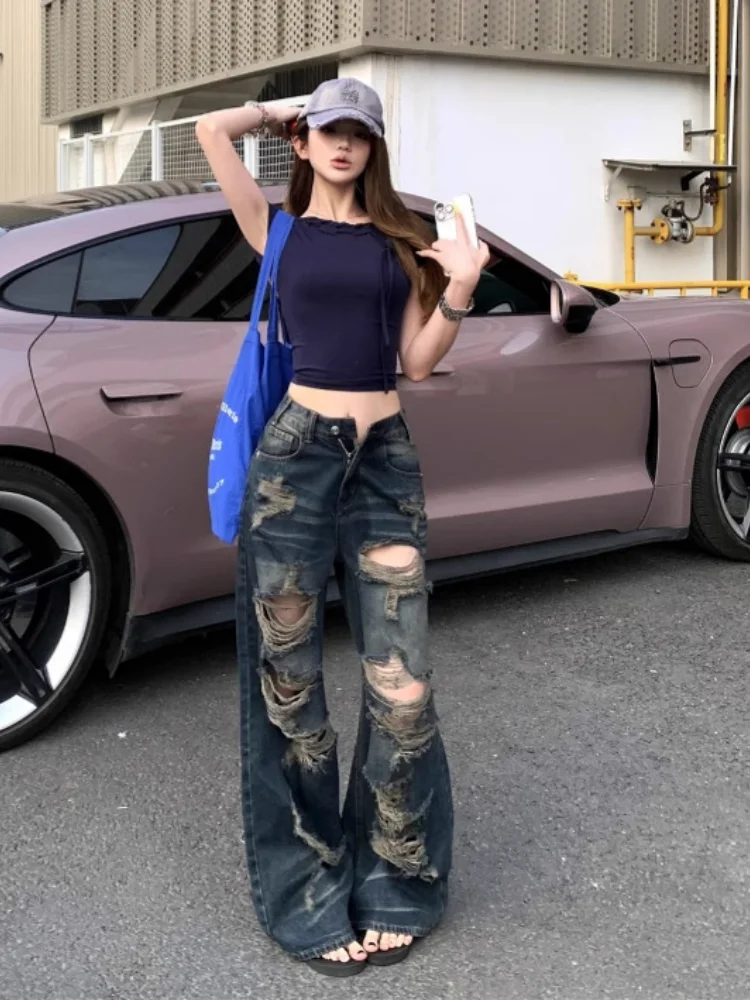 women jeans 2026 Spring Summer American Retro Backless Slim Short Sleeve T Shirt Vintage Distressed Hole Denim Pants Two Outfit