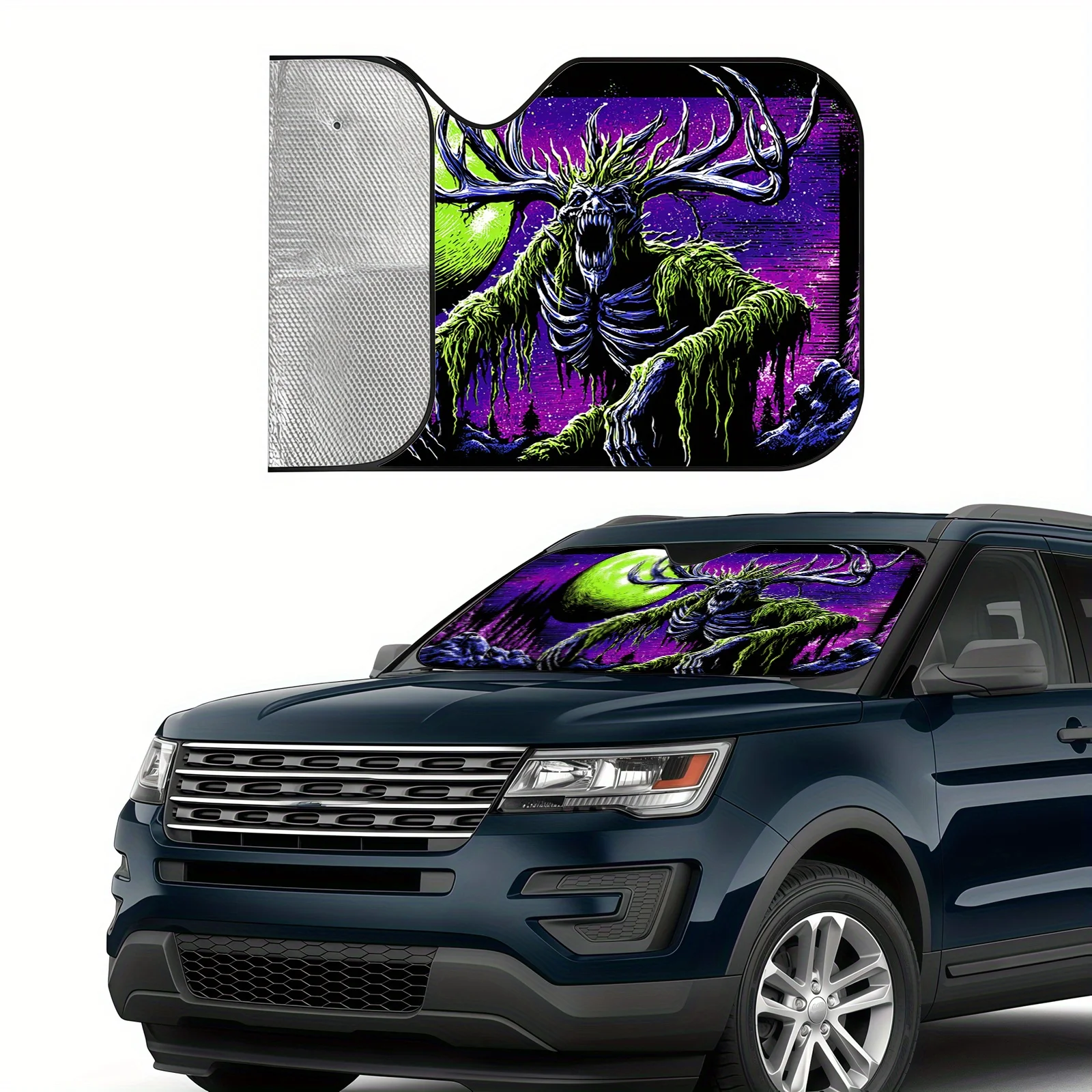 The Alien Antler Car Windshield Comes With A Powerful Suction Cup, Featuring A Swamp Monster Art Sunshade Made Of High-Temperatu