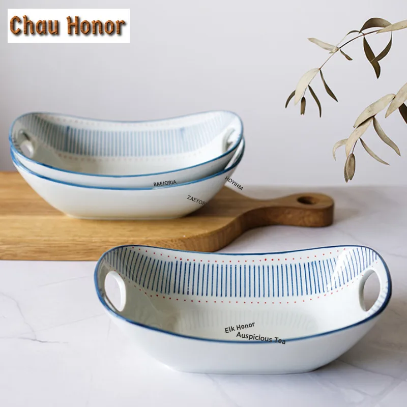 ZAEYORIA 8inch Cherry Blossoms Rectangular Baking Pan Japanese Underglaze Ceramic Tray Tableware Grill Plate Molecular Cuisine
