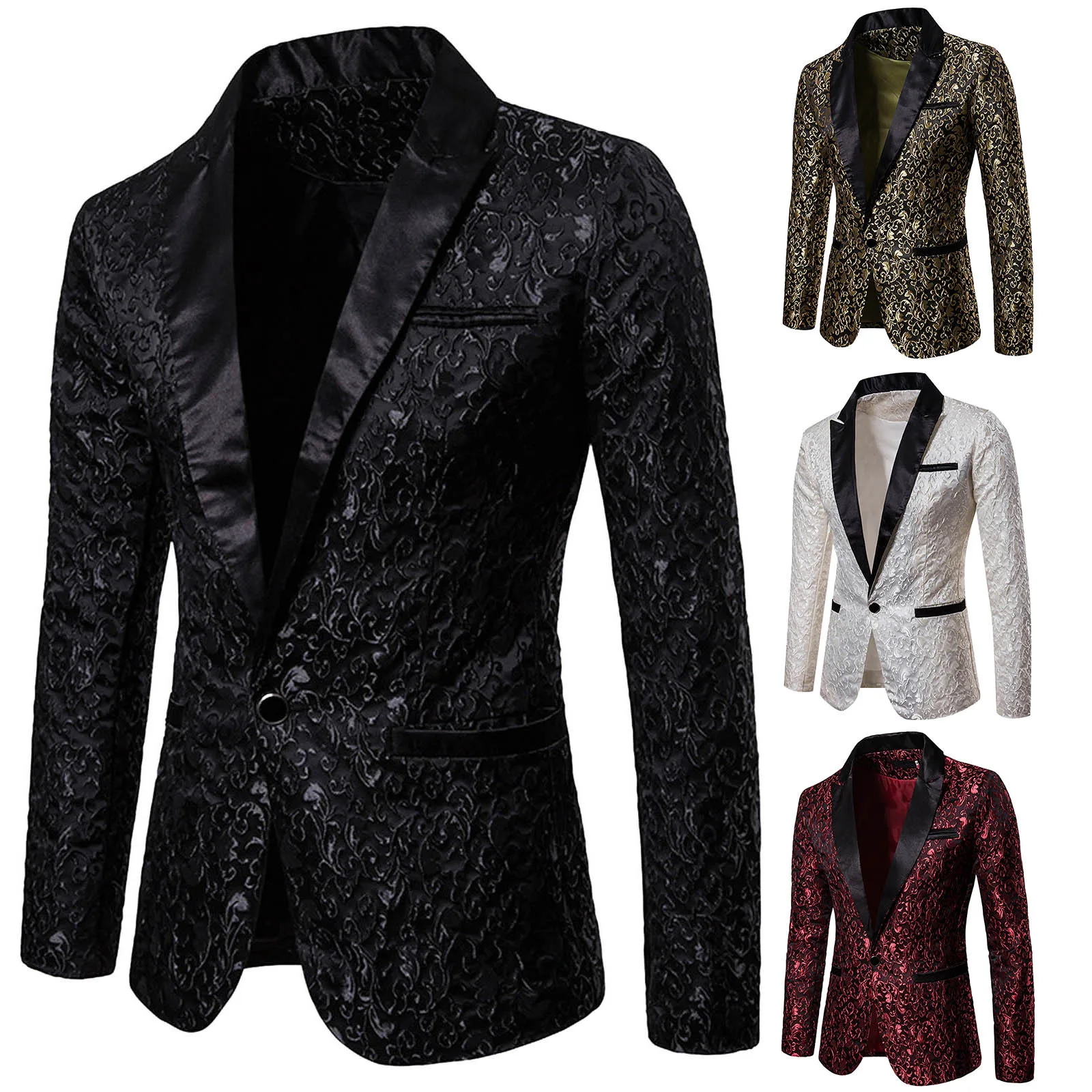 

Fashion Men Business Social Jacquard Suit Jacket Single Breasted Top Black / White / Gold Men's Wedding Party Dress Blazers Coat