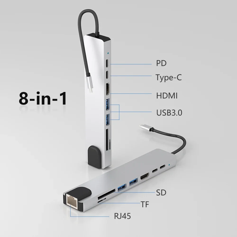 

8-in-1 USB-C Docking Station USB 3.0 PD Hub With Charging Ethernet 4K TF/SD for and Other Devices