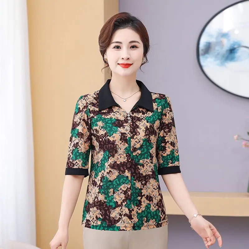 

Elegant Shirt with Lapel New Summer Style Mom's Fashionable and Slimming Base Versatile Mid Sleeve Trendy Top