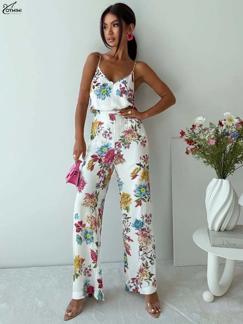 

Oymimi Elegant White Print 3 Pieces Set For Woman Casual Long Sleeve Lace-Up Shirt And Spaghetti Strap Top + Straight Pants Set