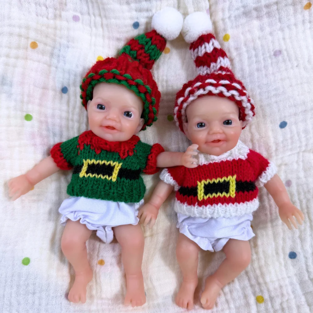 

2Pcs 6 Inch Reborn Twins Charlie Full Body Silicone Reborn Doll Open Mouth Lifelike Soft Solid Silicone Washable Doll Toy