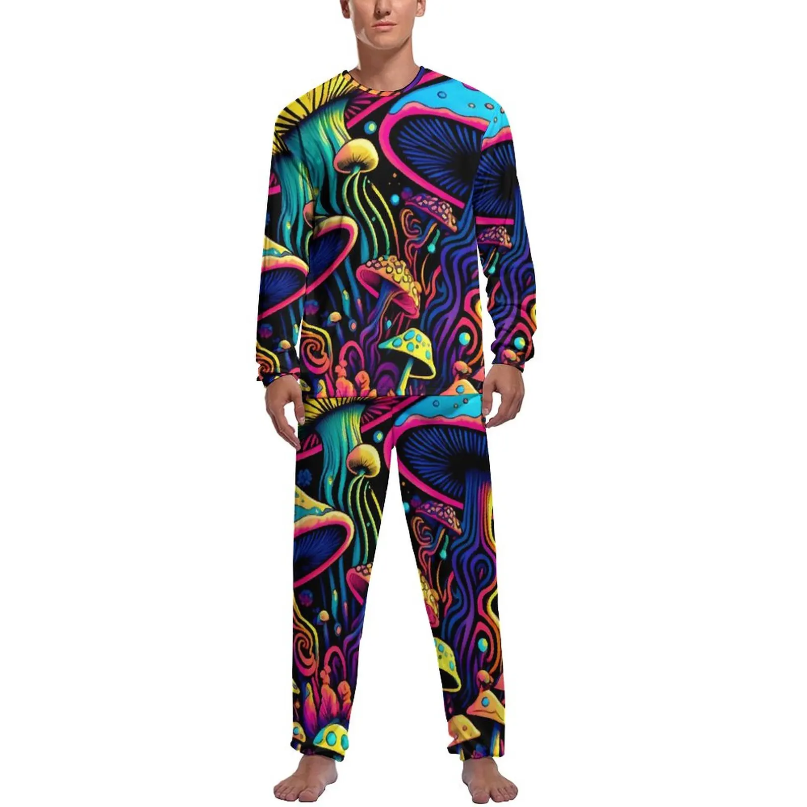 Psychedelic Mushrooms Pajamas Long Sleeve Colorful Print 2 Pieces Sleep Pajama Sets Autumn Mens Graphic Cool Home Suit