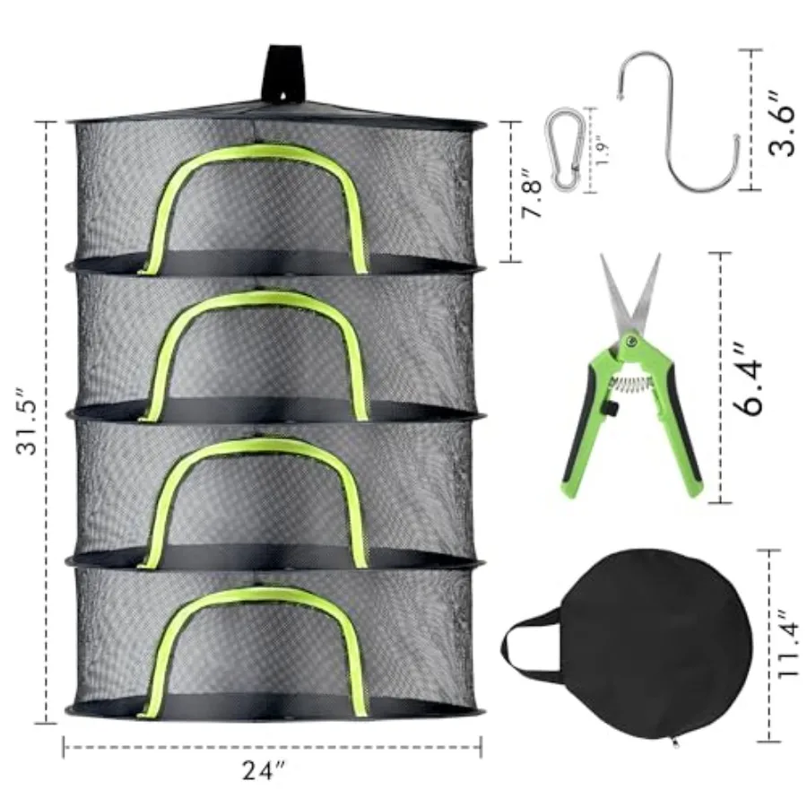 رف تجفيف الأعشاب شبكة معلقة 4 طبقات 24 مع سحاب حديقة تشذيب القص هوك حلقة تسلق كليب لتجفيف براعم بذور النباتات #2