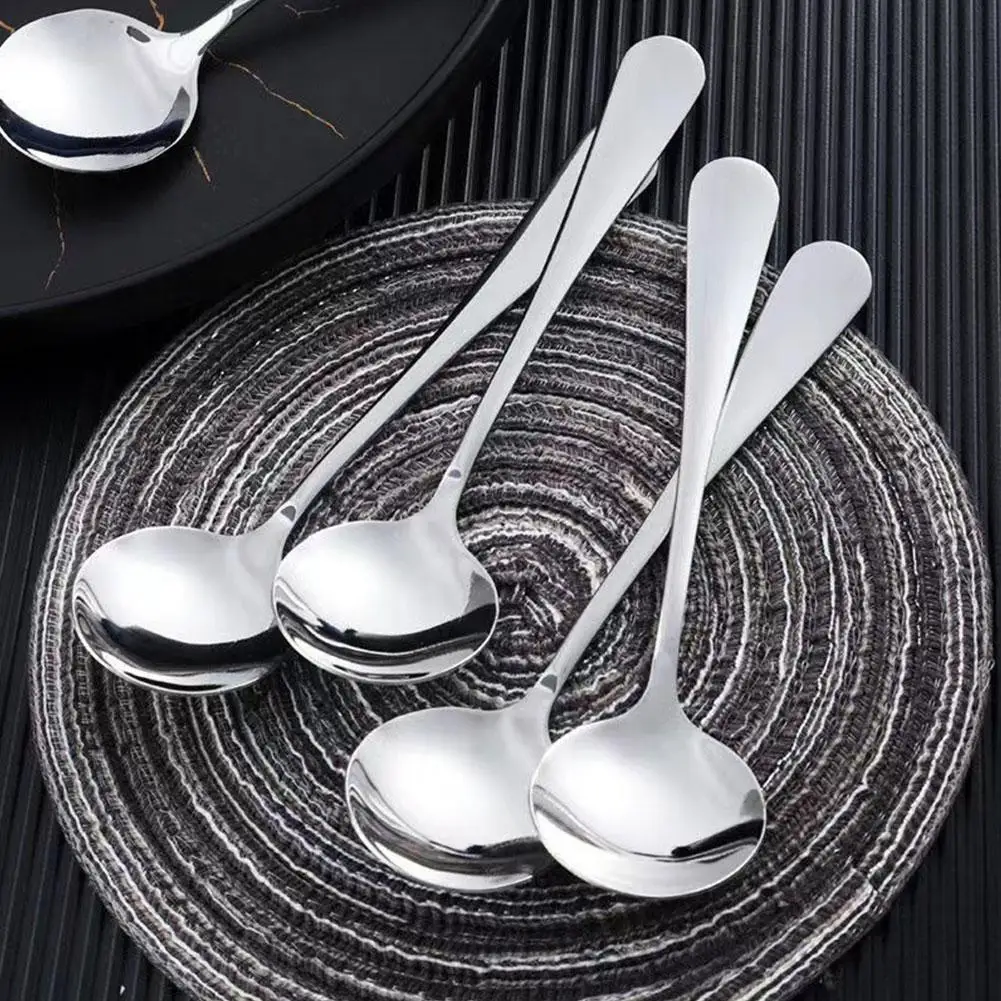 Stainless Steel Round Soup Spoons Practical Fine Workmanship Thicken Long Handle Smooth Finish Ideal For Cooking And Servin A1J6