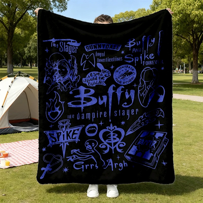Buffy the Vampire Slayer Doodle Art Flannel Blanket, Buffy Summers Spike Flannel Throw, Vampire Warm Blanket