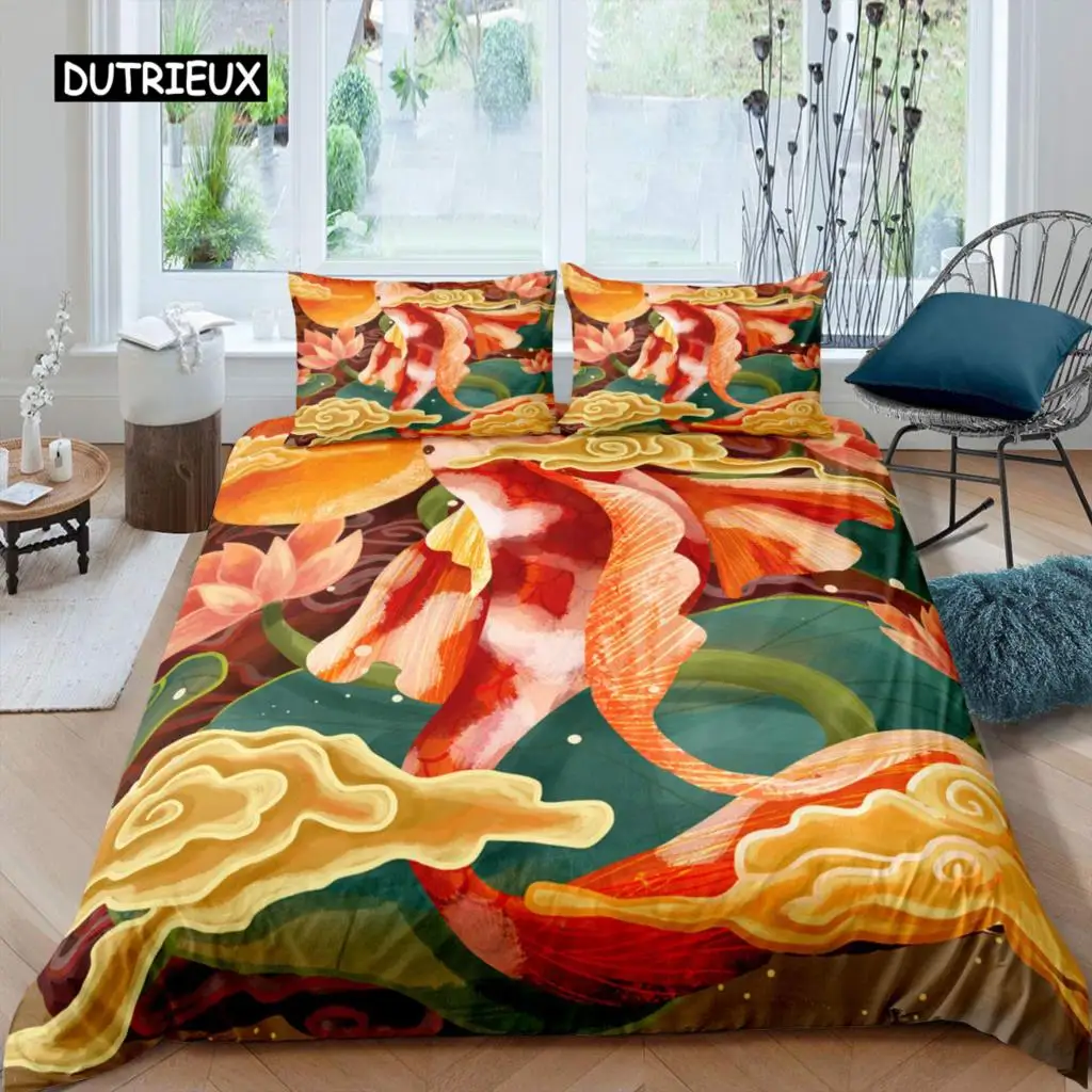 

Koi Fish Duvet Cover Set King Size Oriental Asian Culture Lotus Bedding Set Microfiber Twin Cloud Quilt Cover for Girl Farmhouse