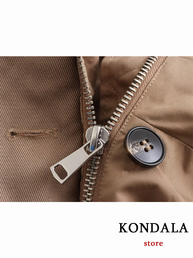 KONDALA Chic Streetear Solid Khaki Oversized Women Jacket Fashion 2023 Autumn Vintage Casual Zip Hooded Coat Mujer Cool Outwear