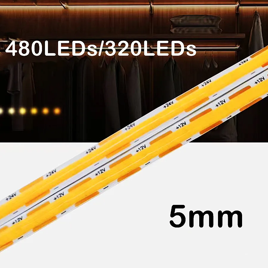 

5mm Ultra Thin DC 12V /24V COB LED Strip Lights for Home Decor Car DIY 3000K/4000K/6000K/ High Density LED Tape 480LEDs/320LEDs