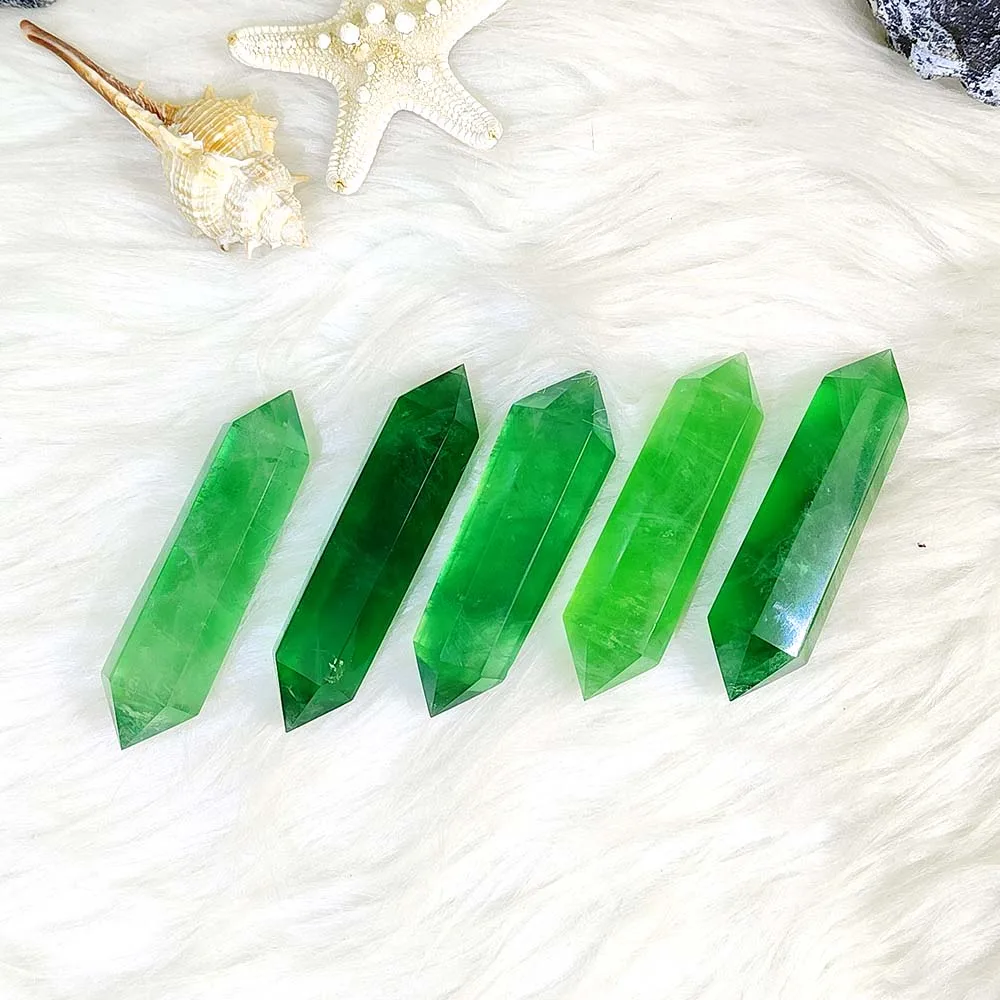 Natural Green Fluorite Crystal Raw Stone Grinding Double Pointed Crystal Column Hand Carving Reiki Home Decor Craftwork Gifts