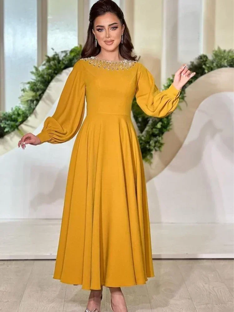 Sukienki wieczorowe Klasyczny dżersej Plisowana Sukienka Midi w kształcie litery A z dekoltem typu scoop Ozdobiona cyrkoniami Wykwintne, wysokiej jakości suknie na przyjęcia Damskie Sukienki szyte na miarę