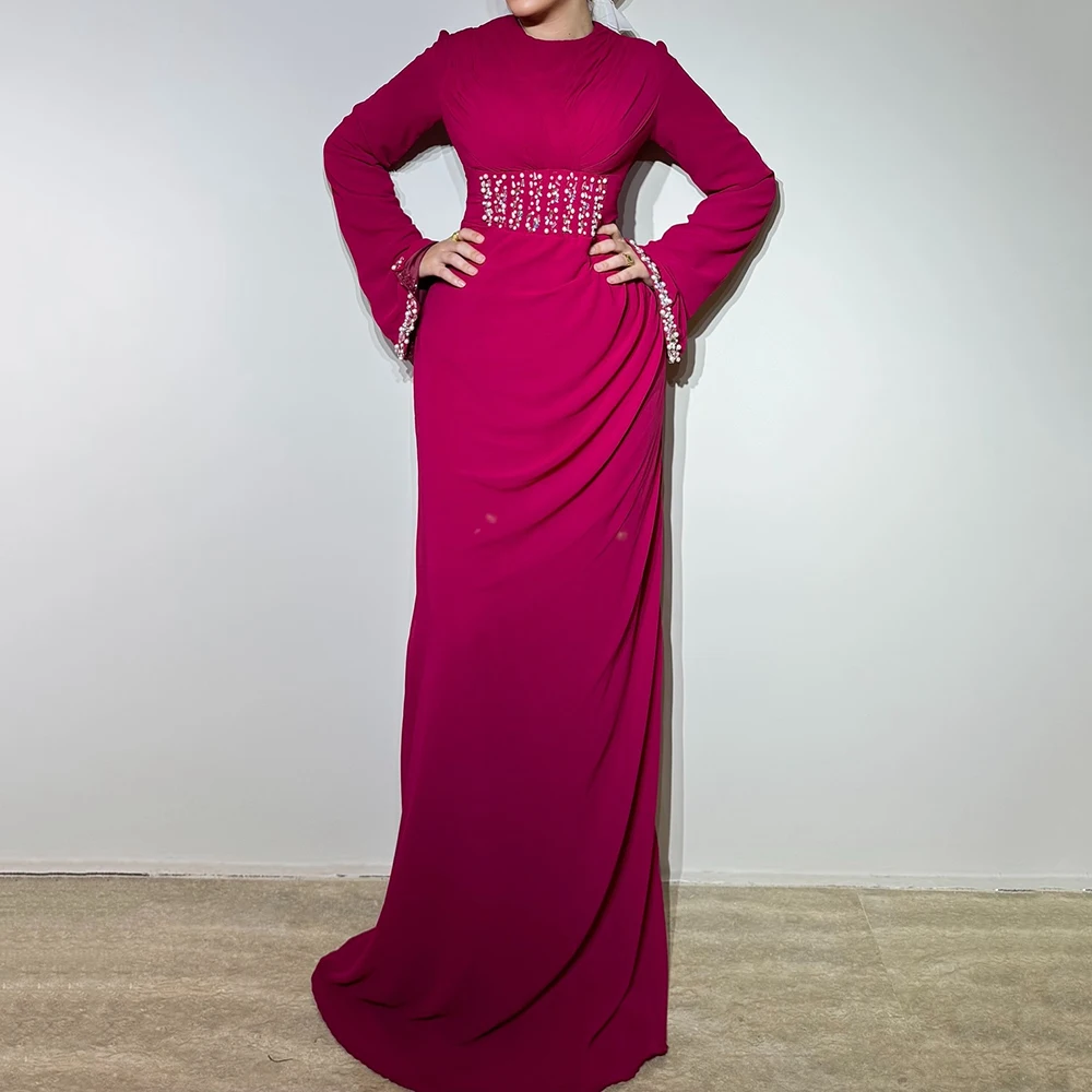 

Customized A-line Evening Dresses Floor-length O-neck Full Sleeve Prom Gown Fashion Crystal Beading Simple Draped Party Gown