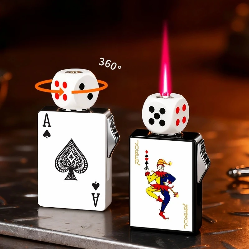 

2026 New Personality Rotating Dice Inflatable Lighter Windproof Direct Spray Red Flame Gas Lighter Poker Design Fun Toy for Men