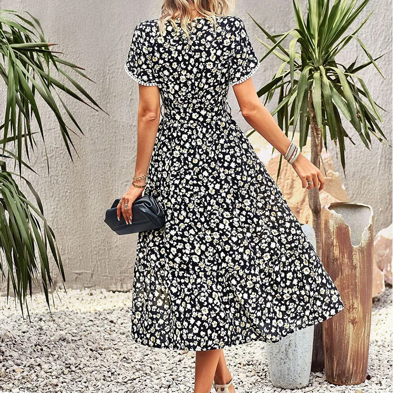 Seksowna Sukienka Damska Letnia Boho z Kwiatowym Nadrukiem Elegancka Sukienka Plażowa Maxi z Dekoltem w Serek i Krótkim Rękawem na Wakacje i Podróże Платье