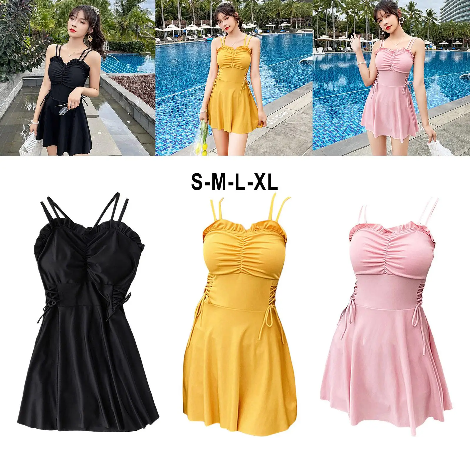 Womens Swimsuits Solid V-Neck Push Up Tummy Control Swim Dress Bathing Suit