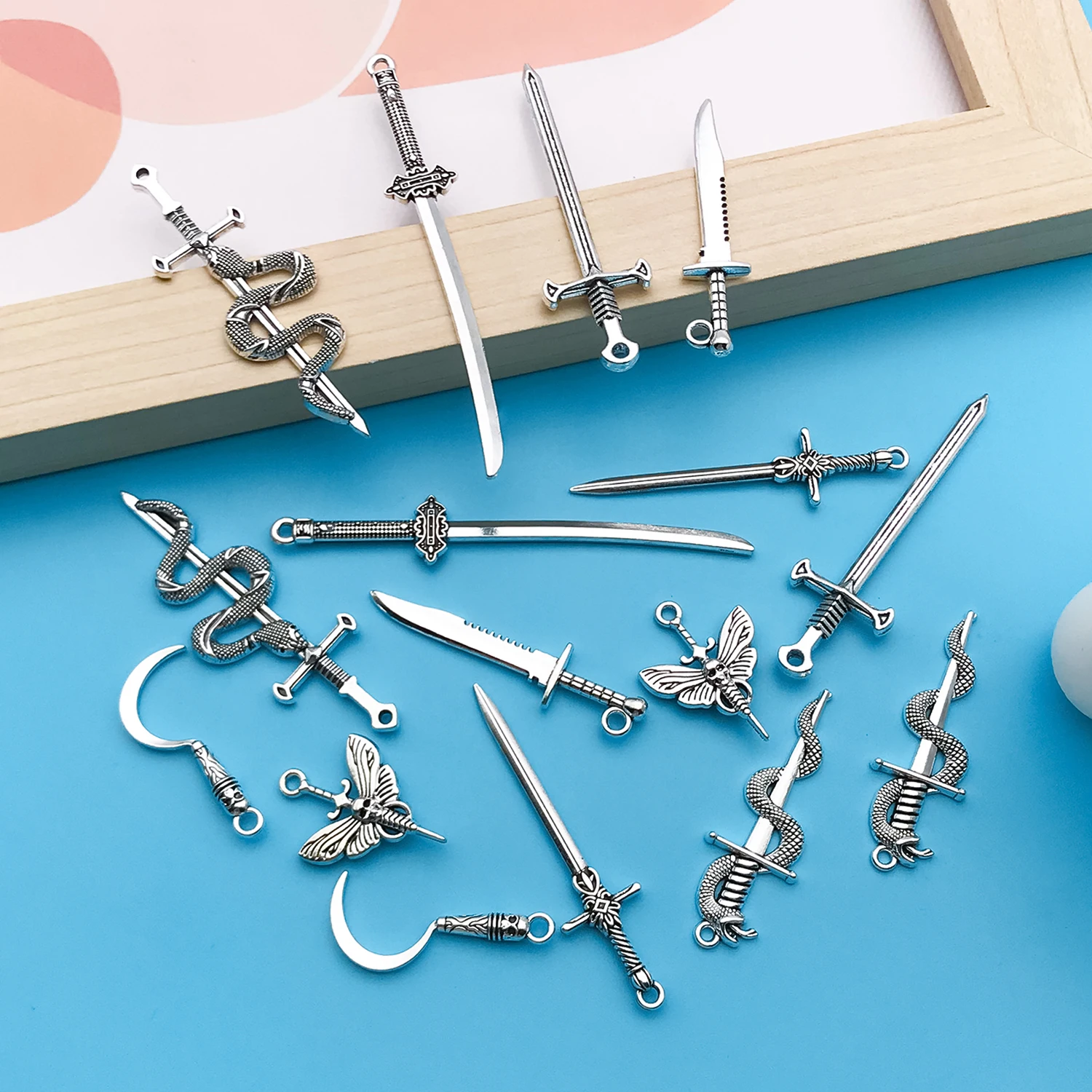 16/20pcs Vintage Style Mixed DIY Alloy Creative Sword And Other Style Weapon Shape Charm For DIY Jewelry Making Accessories