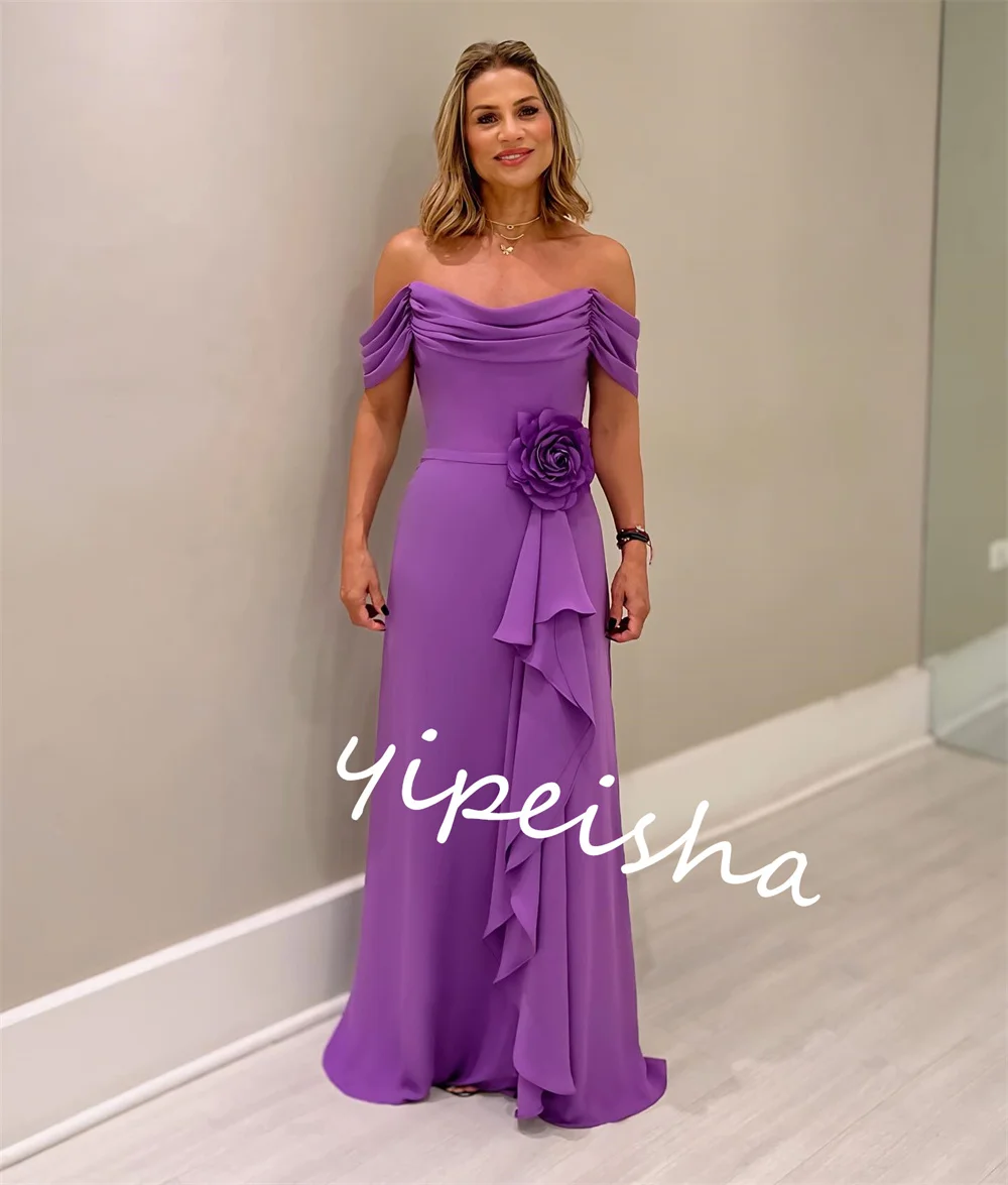 Jersey Pleat Flower Valentine's Day Straight Boat Neck Bespoke Occasion Gown Long Dresses