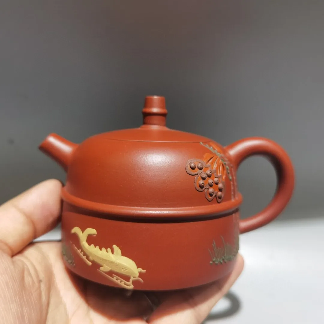 Yixing Purple Clay Teapot painted Fish dragonfly flower pattern Waist line Han Duo pot Kettle Teapot Amass wealth Ornaments Town