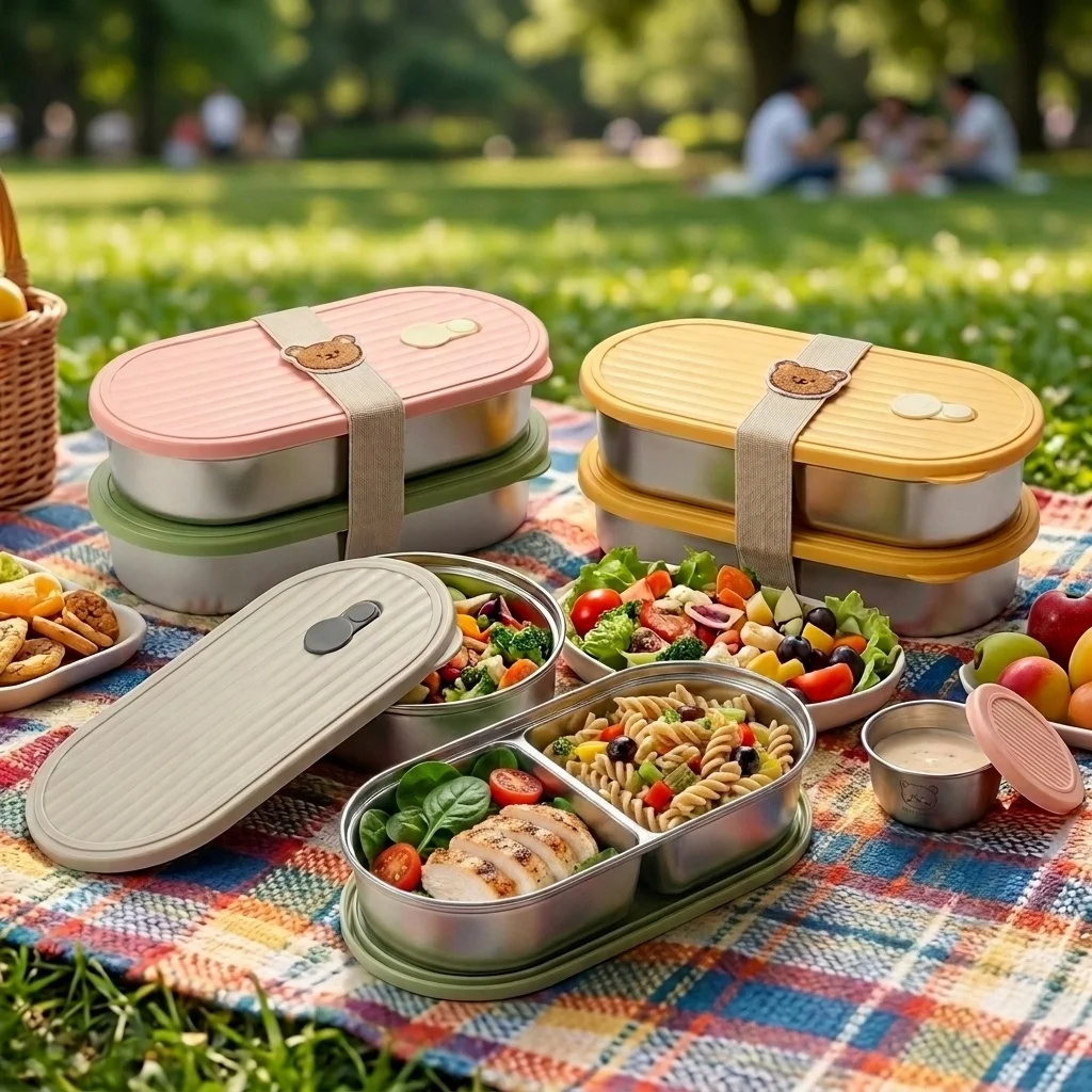 Large Capacity Divided Bento Lunch Box For Students 304 Stainless Steel Fruit Salad Food Container With Sauce Box Microwave Safe