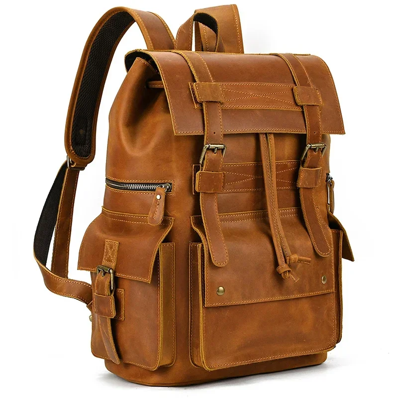 New Arrivals Leather Backpack Luxury Man Real Cowskin Travel Bag Men Male Vintage 17 Inch Laptop School Daypack