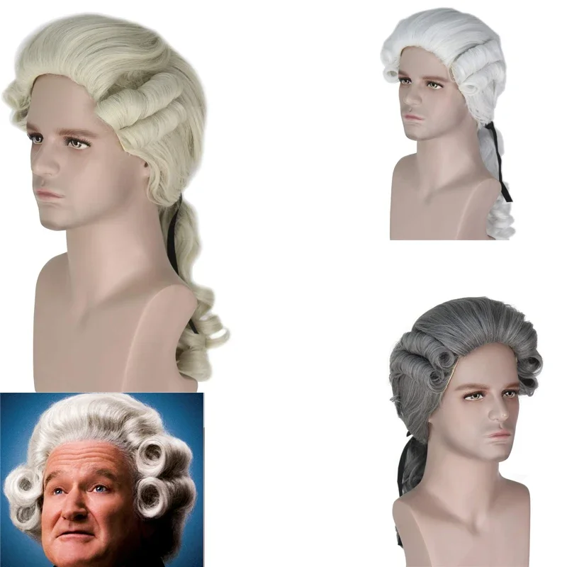 Beige / Gray / White Lawyer Judge Baroque Curly Male Costume Wigs Deluxe Historical Long Synthetic Cosplay Wig   a wig cap