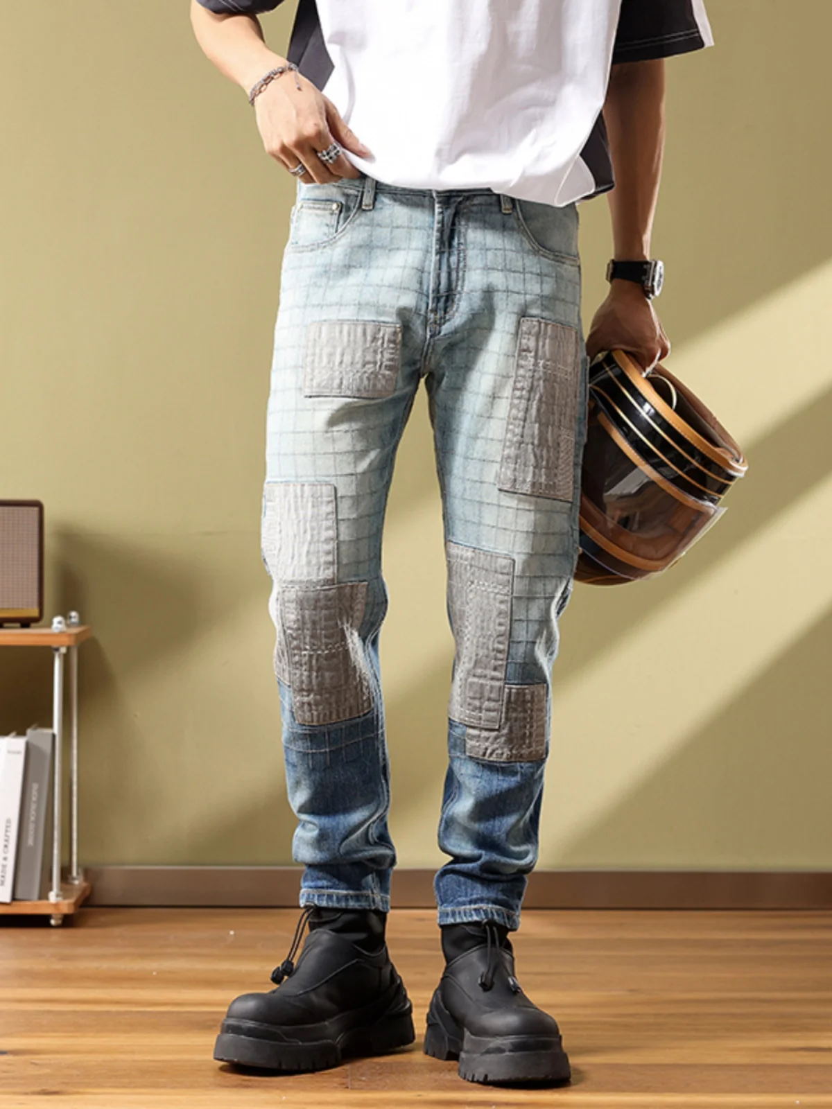 

High-End adient Color Embroidered Plaid Men's Straight Leg Jeans Patchwork Cotton Stretch Denim Casual Wear Resistant