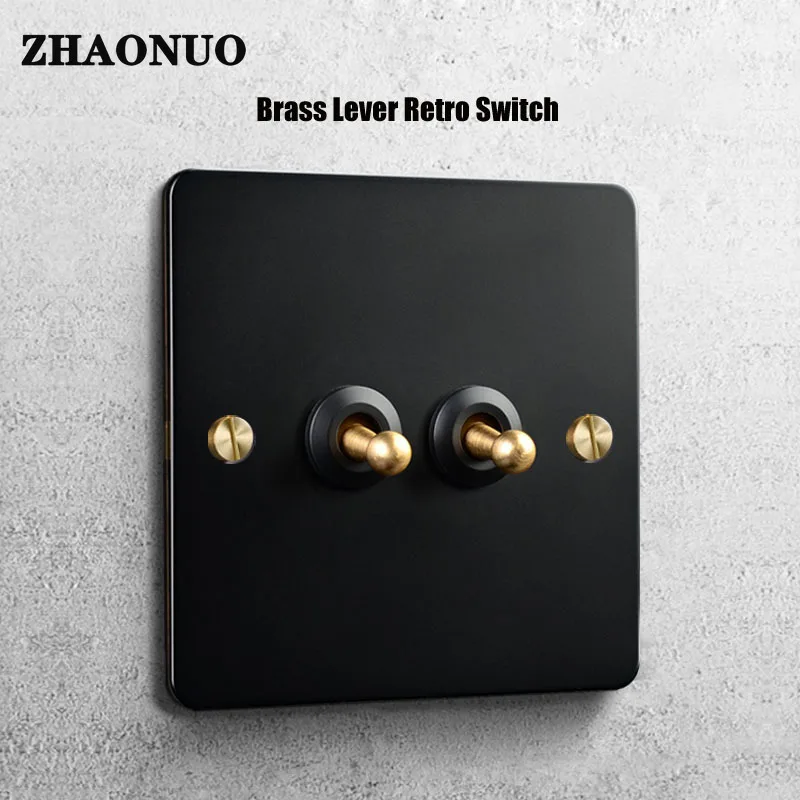 Wall Light Switch Toggle Switch Black Stainless Steel Panel EU Socket Brass Lever