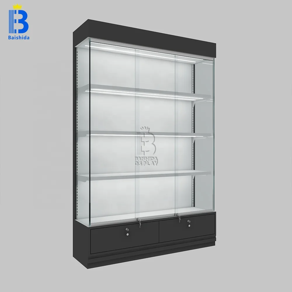 

Wholesale Baishida Custom Modern Adjustable Jewelry Display Cabinet LED Lights Durable Waterproof Black Frame Glass Showcase For