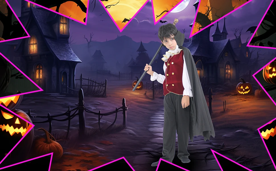 Jungen Halloween Vampir Cosplay Kostüm Kind Erwachsene Vampir Uhr Karneval Party Outfit Kostüme mit falschen Zähnen Gehstock – Detail 9