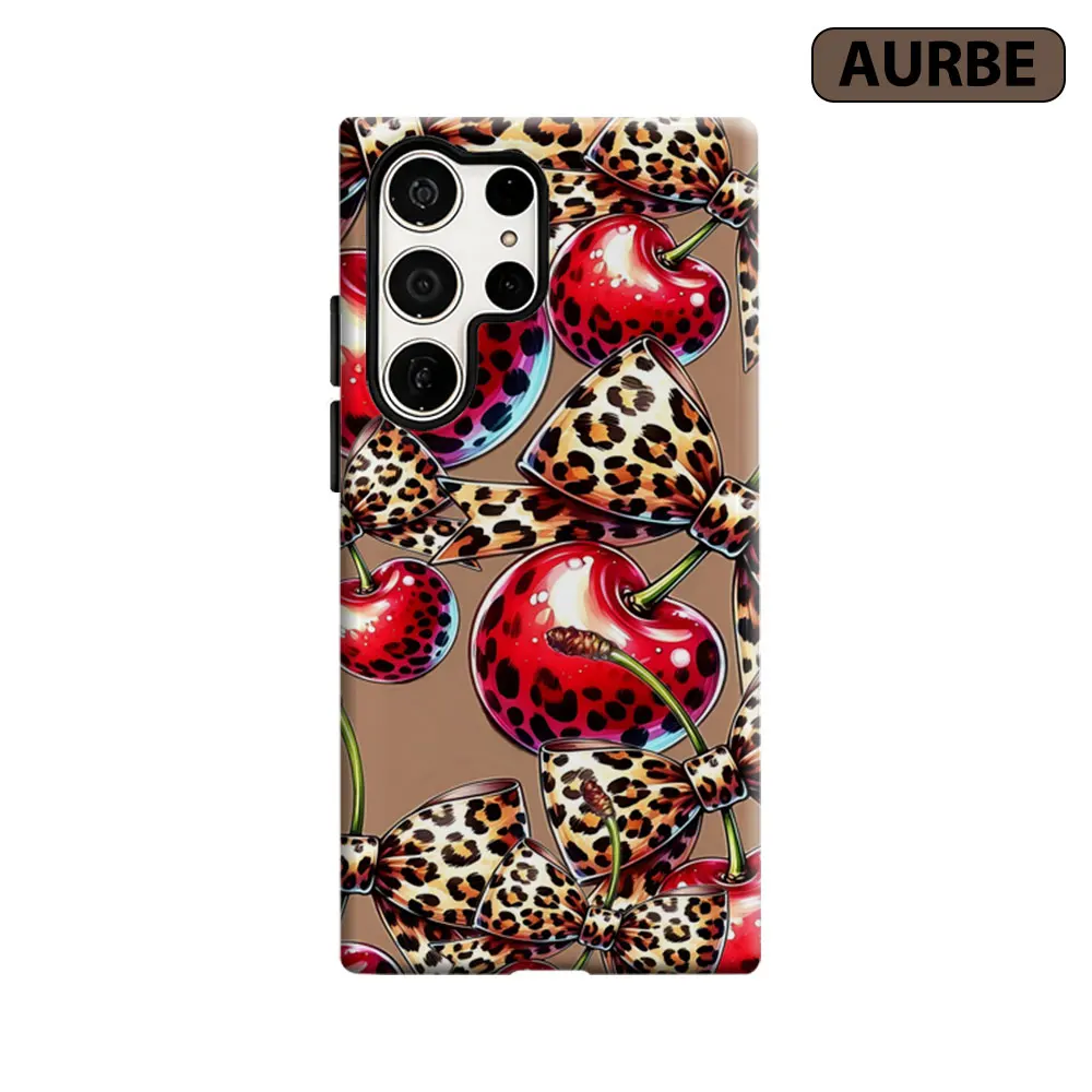 Aurbe Phone Case For Samsung Galaxy S26 S25 S24 S23 Ultra Plus HD Hard Leopard Cherry Chic Double Layer Film Cover
