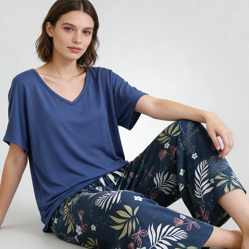 ソフトモーダルパジャマ新しい夏の女性の半袖-t-シャツ花柄長ズボン部屋着ルーズ-v-ネックホーム服スーツ