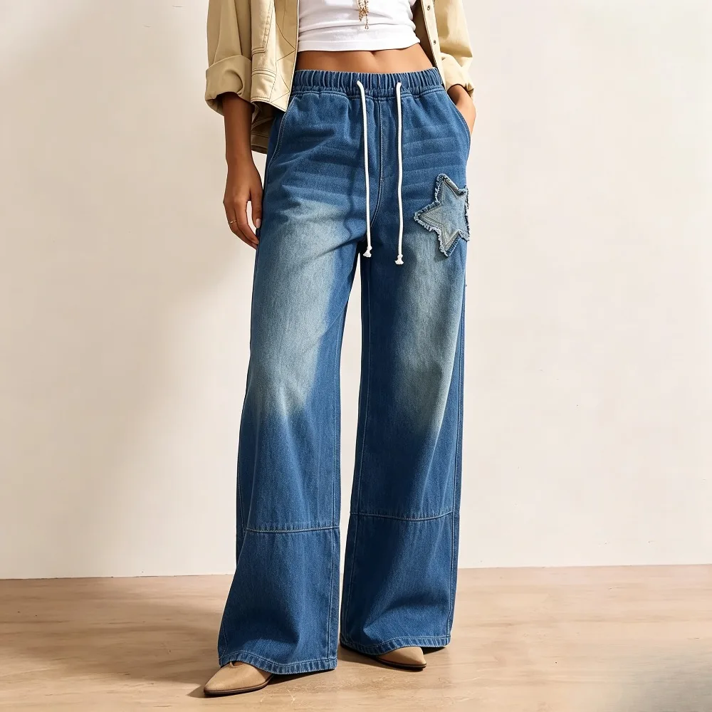 Washed and gradually whitened five-pointed star elastic drawstring elastic waist straight wide-leg denim trousers.