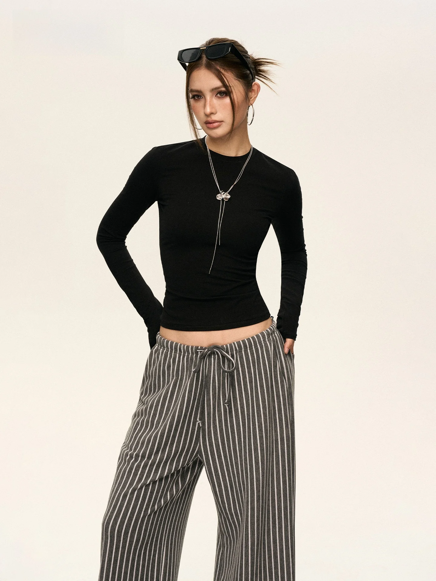 

Женская облегающая футболка в американском ретро-стиле с длинным рукавом, из смесового хлопка со спандексом, с круглым вырезом, модная