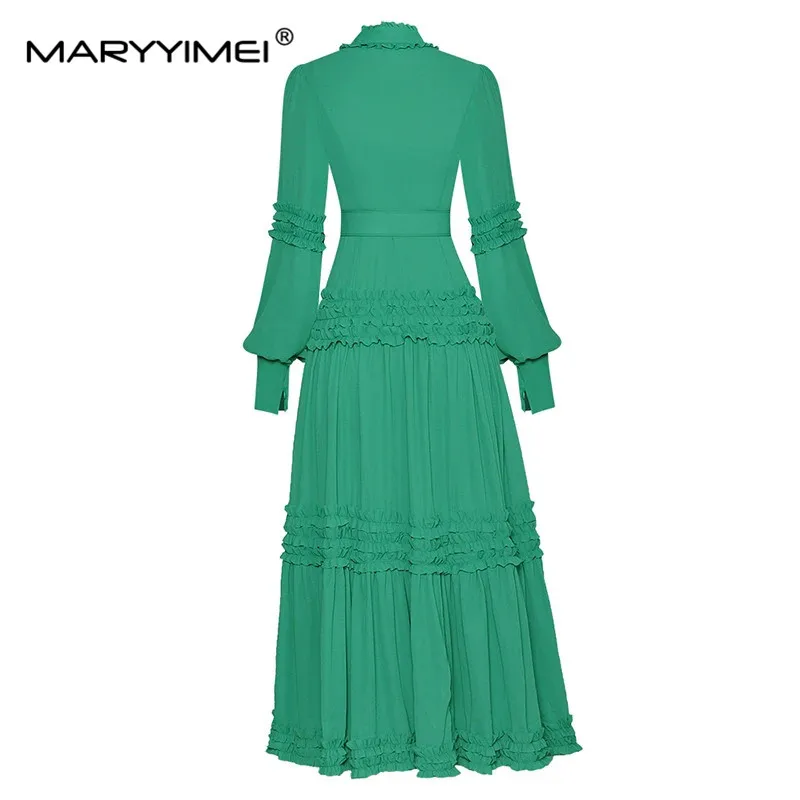 MARYYIMEI Fashion Designer dress Autumn Women Dress Stand Collar Lantern Sleeve Wood ear edge Sashes Solid Dresses