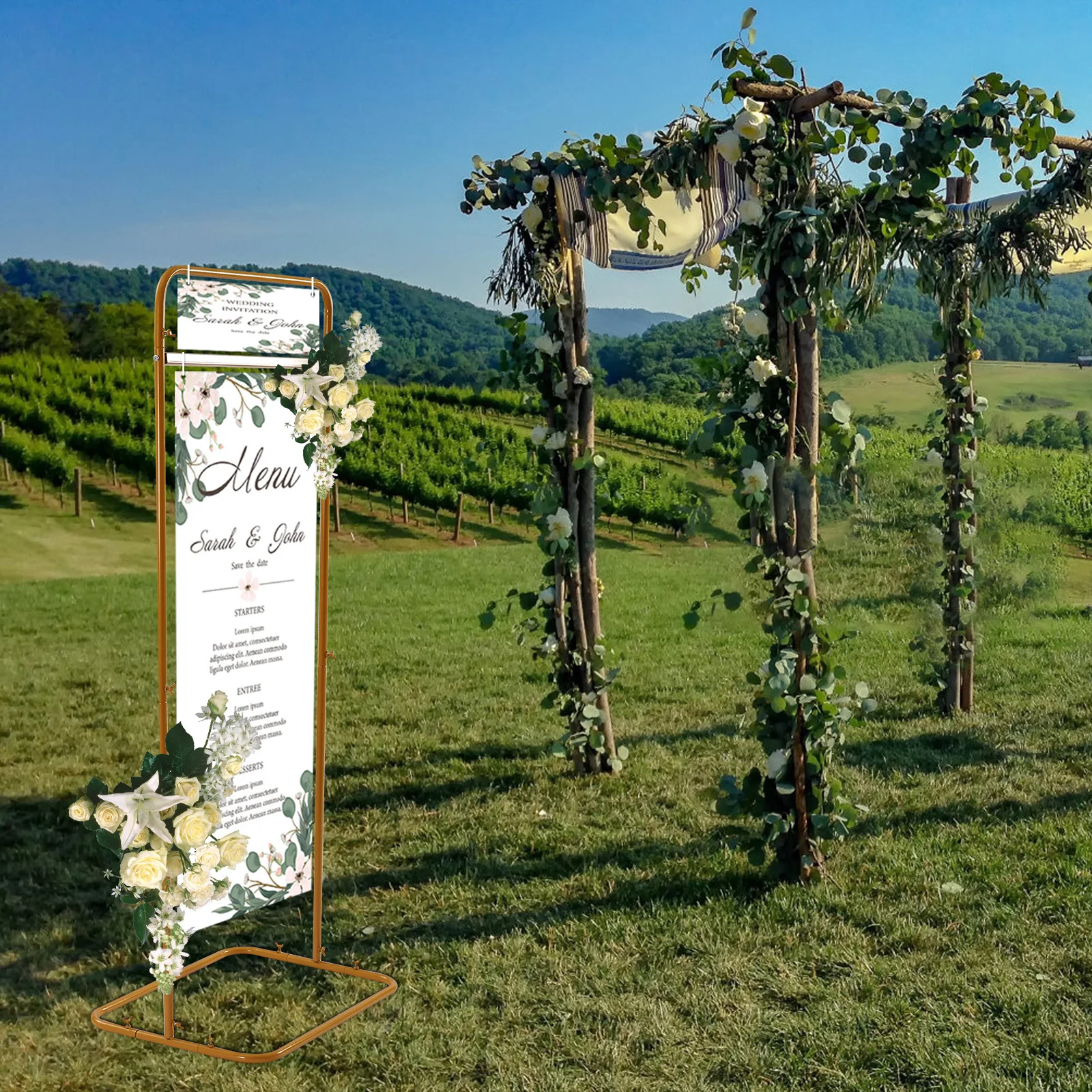 

Elegant Gold Metal Wedding Arch Stand Decor,4.9 Ft Tall Geometric Welcome Sign Frame, Seating Chart Holder, Guest List Directory