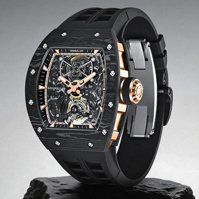 

Мужские часы CRONUSART Tourbillon 50 мм, механические наручные часы Tonneau с корпусом и циферблатом из карбонового волокна, светящимся сапфировым стеклом и скелетонизированным механизмом