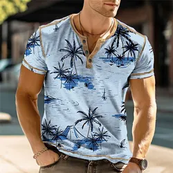 Coconut Tree 3D Printing Henry Men's Fashion Hawaiian Street Fashion Retro Button Short Sleeved T-shirt Men's T-shirts Tops