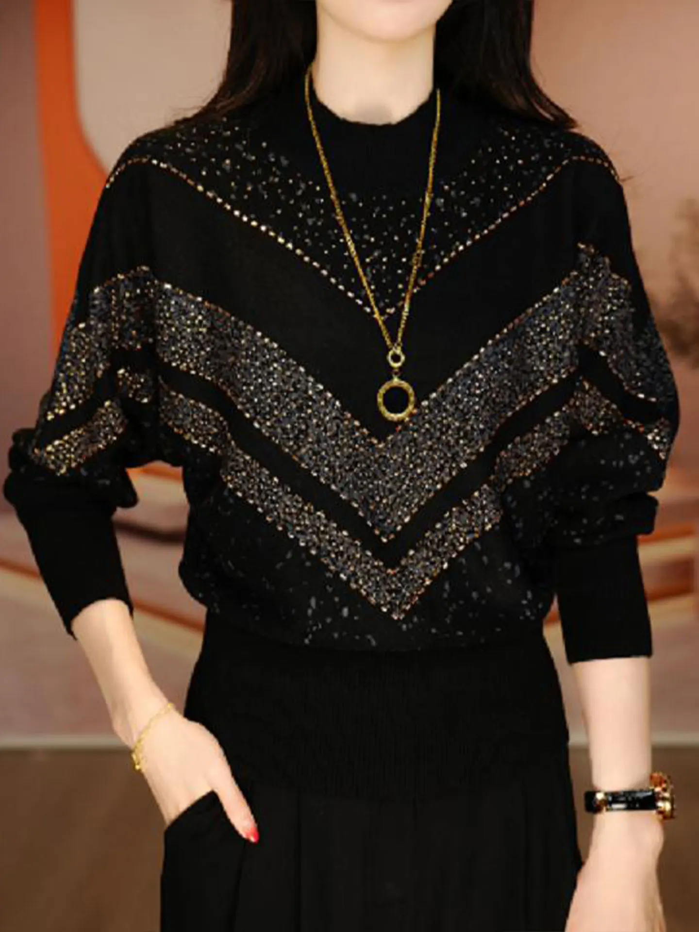 Elegant Long Sleeve Knitted Top Women's Loose Fit Winter Fashion Diamond Studded Base Shirt Casual Style Mommy's Wear