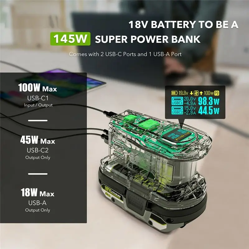 AED6-Fast Charger For RYOBI 18V ONE+ Battery Recharger Lithium Battery 100W Fast Charge USB Port Two-Way Charger PSC