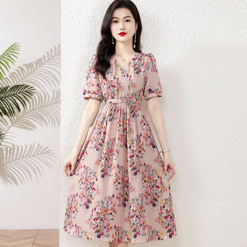 Taillenbetonter Damen-Rock mit V-Ausschnitt, modischer, mittellanger, floraler Super-Fee-Rock im koreanischen Stil