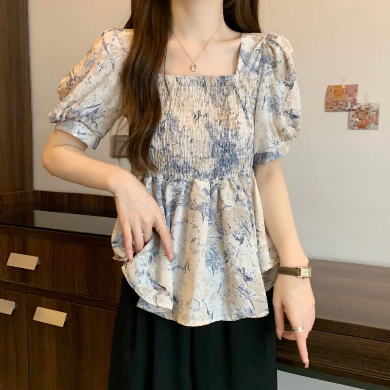 

Sweet Pleated Floral Blouse Summer New Short Sleeve Printing Youth All-match Elegant Shirt Tops Vintage Fashion Women Clothing