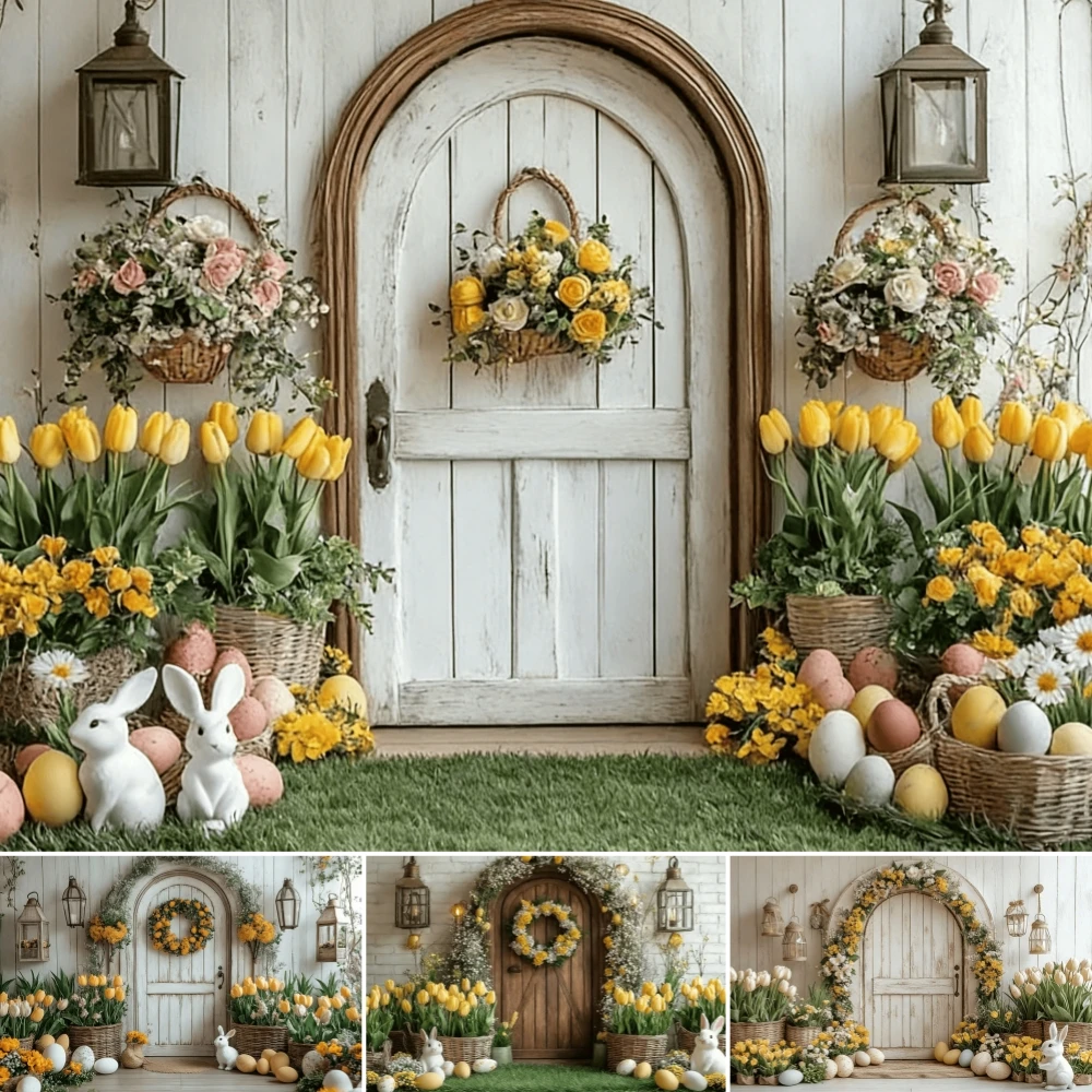 

Spring Easter Photography Background Barn Arch Wooden Door Floral Bunny Eggs Kids Birthday Portrait Decor Backdrop Photo Studi