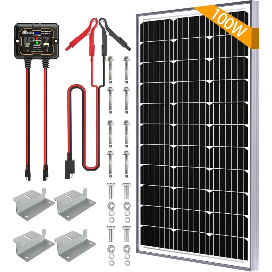 

100W Solar Battery Charger with Upgrade 10A MPPT Charge Controller and Adjustable Mount Bracket for Car RV Boat Motorcycle 12V