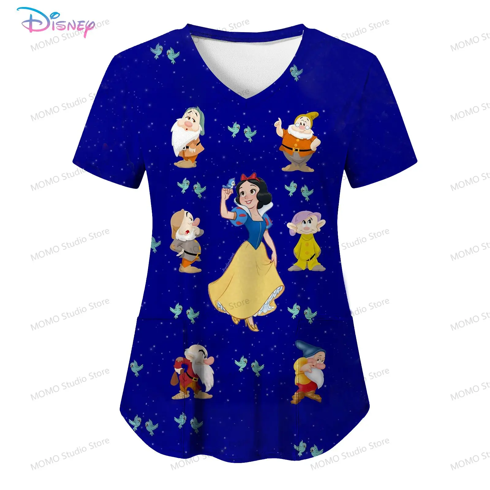 

Women's V Neck Nurse Uniform T-Shirt Disney Princess Pocket Youthful Woman Clothes Tops Street Wear Kawaii Summer 2024 S-2XL Y2k